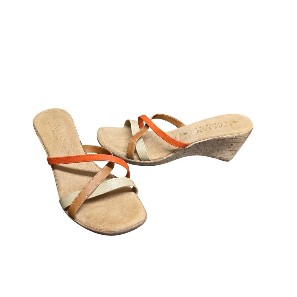 Italian Shoemakers Sandals Women 10 Beige Strappy Cork Wedge Slip On Made Italy